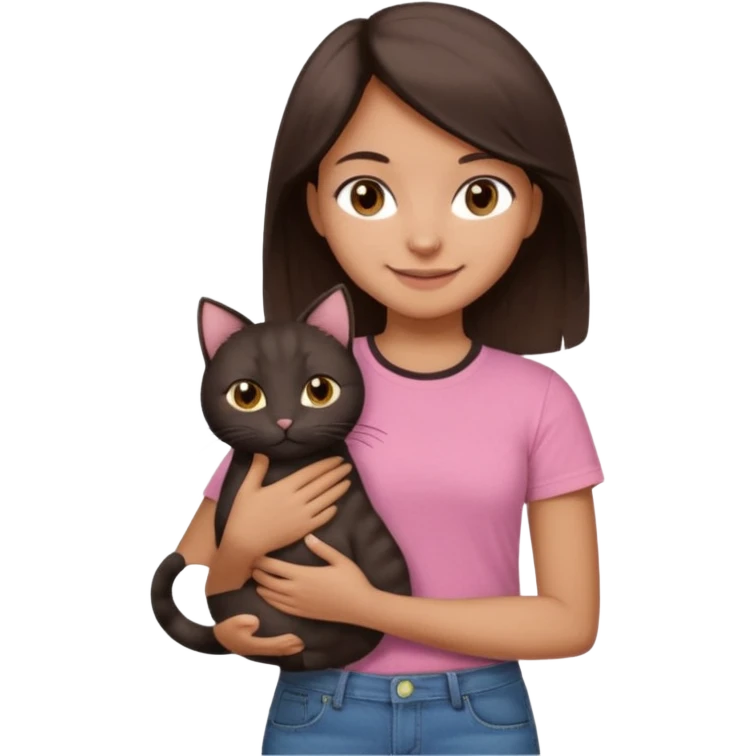 As una chica con piel marron claro con el pelo  medio largo color marron oscuro que tenga la chica una camiseta rosada mangas cortas con un jean claro que tenga ojos marrones la chica que la chica este sonriendo mientras sostiene entre sus brazos 1 gato negro gordito. emoji
