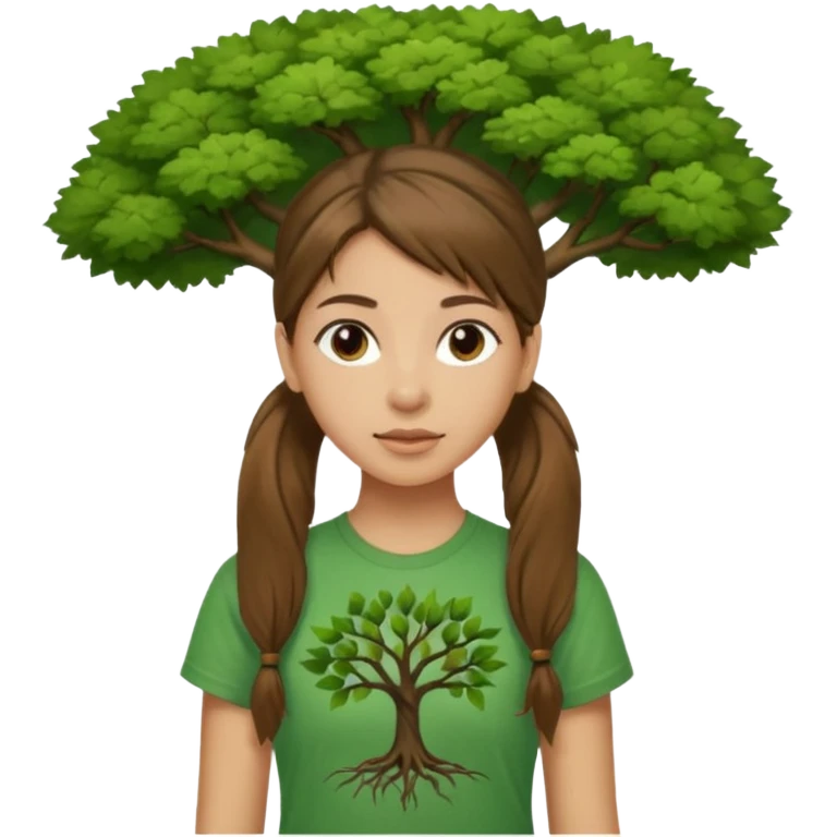 Make a zumba coach emoji, brown eyes, brown hair girl, green shirt with the "the roots" on it, longer pony tail hair, add tree logo on to the green shirt emoji