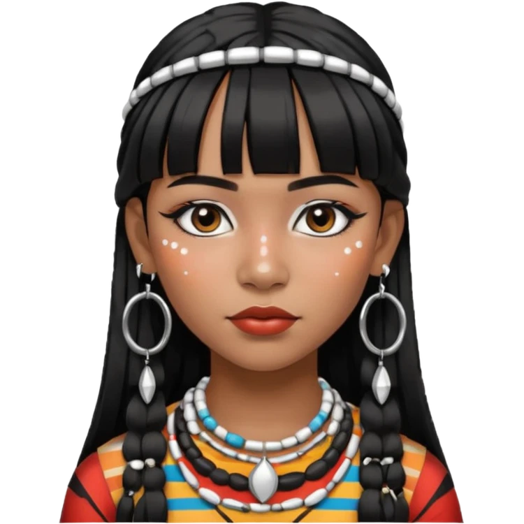 Chica indígena con maquillaje tradicional de indígenas con puntos y rayas, pelo liso y flequillo, con aretes de candongas grandes  emoji