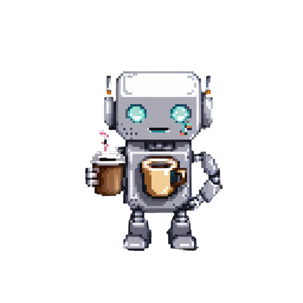 A robot character holding a coffee mug emoji