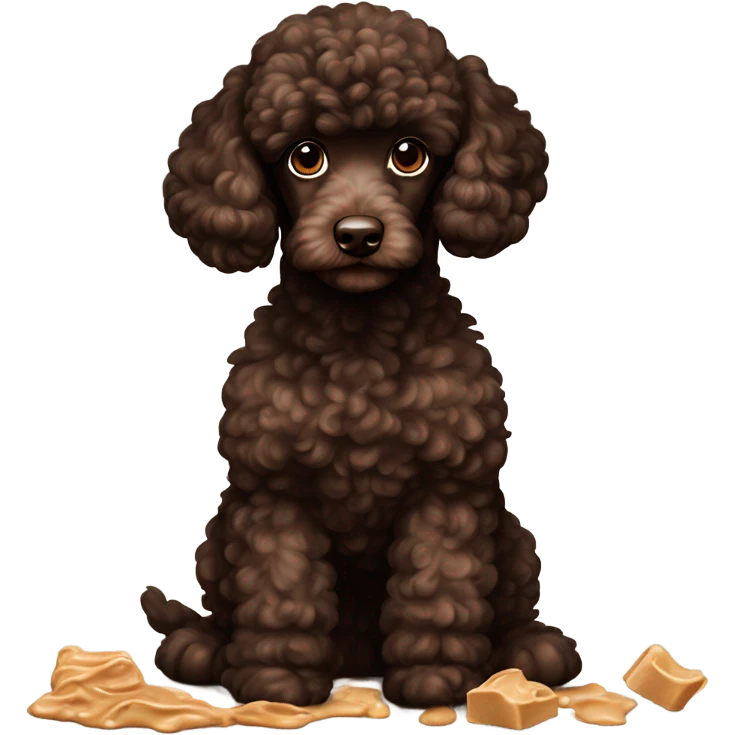 Dark chocolate brown poodle puppy with smeared peanut butter all over him emoji