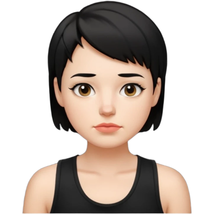 a white woman with short tomboy black hair with mole on top of her lip wearing men's black tank top emoji