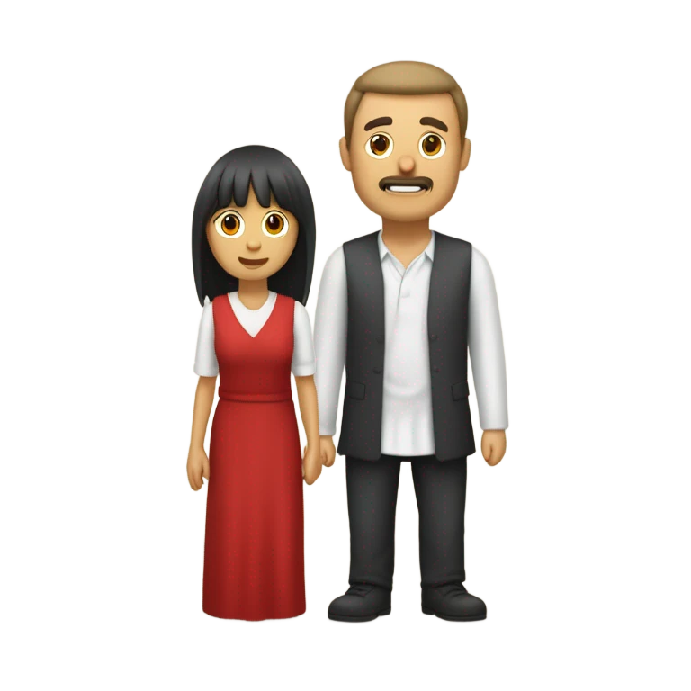 Hombre de pelo morocho y corto abrazado a una mujer de pelo lacio rojizo y con flequillo emoji