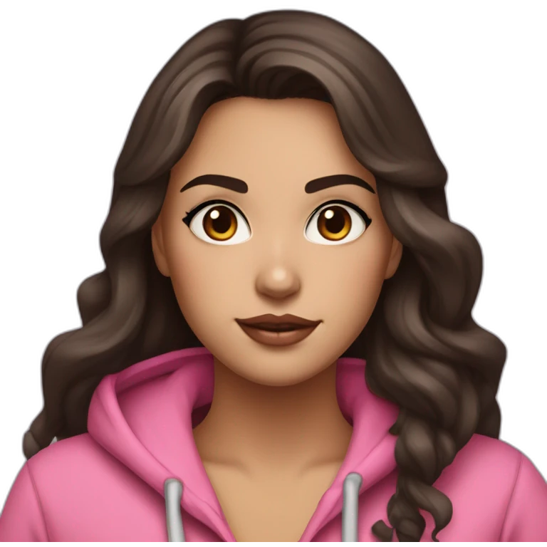 Women with long wavy dark brown hair and long eyelashes dark brown eyes with pink cheeks and pink lips and thick dark brown eyebrows wearing a hoody emoji