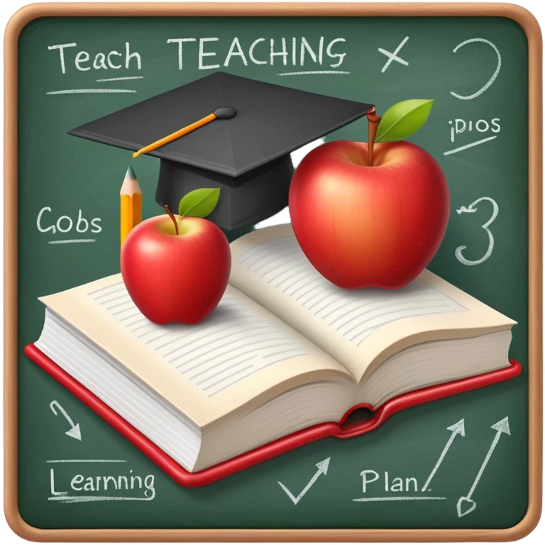 An icon featuring an open book, a pencil, and an apple, symbolizing education and pedagogy. The design includes a chalkboard with a lesson plan and a graduation cap, representing teaching and learning. Transparent background highlights the nurturing of knowledge and growth. emoji