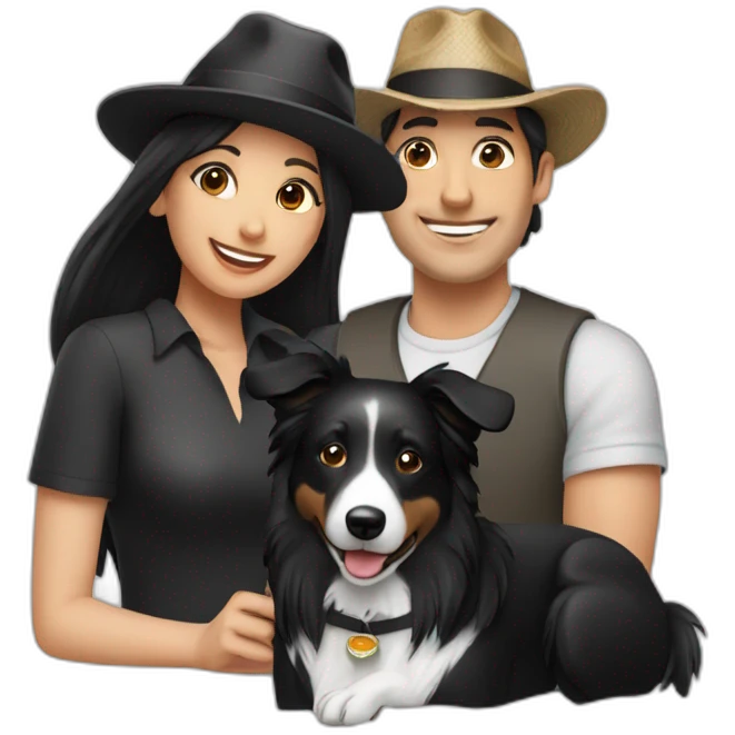 group consisting of man in hat and woman with black ponytail long hair and small black border collie dog emoji