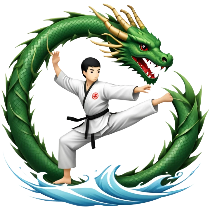 An icon symbolizing Eastern martial arts in the style of an emblem, featuring a black-and-white Yin-Yang symbol and a dragon at the center. A martial artist is performing a fluid kick, surrounded by elements like a dojo and bamboo. Transparent background highlights balance and power. emoji