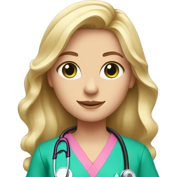 pale blonde girl with long wavy hair and green eyes wearing pink scrubs and stethoscope  emoji