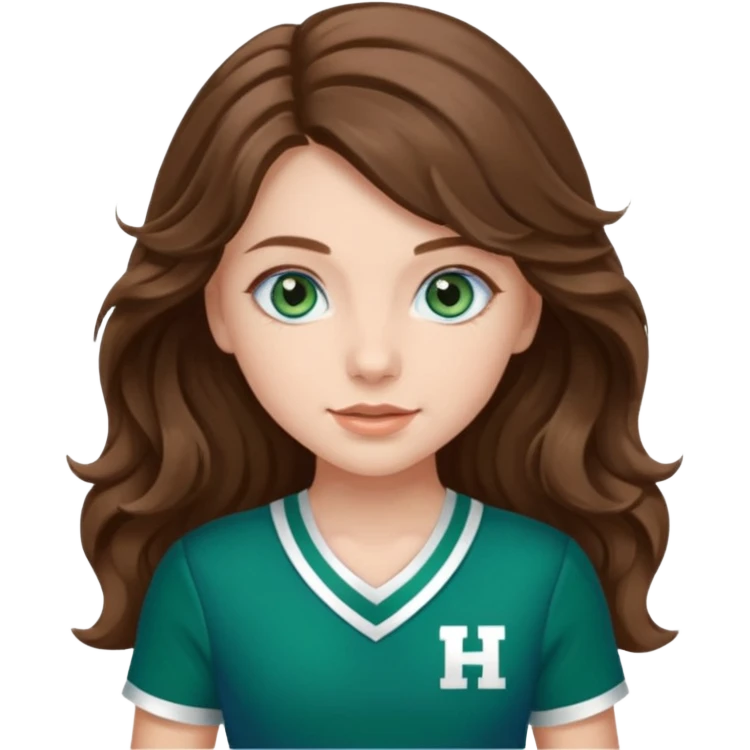 A pretty girl with BLUE EYES, brown long wavy hair, and wear green Hawkins cheerleader uniform emoji