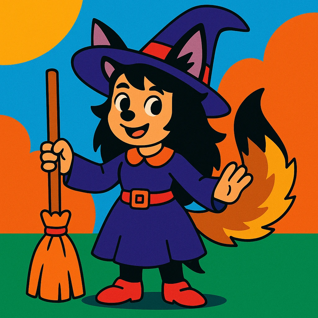 cartoon style witch with black hair, wolf ears and wolf tail, classic witch hat, friendly face, colorful emoji