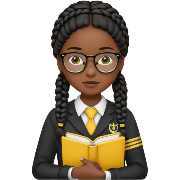 Girl student wearing uniform, glasses, hold yellow book in front of their chest, black braided hair, dark skin emoji