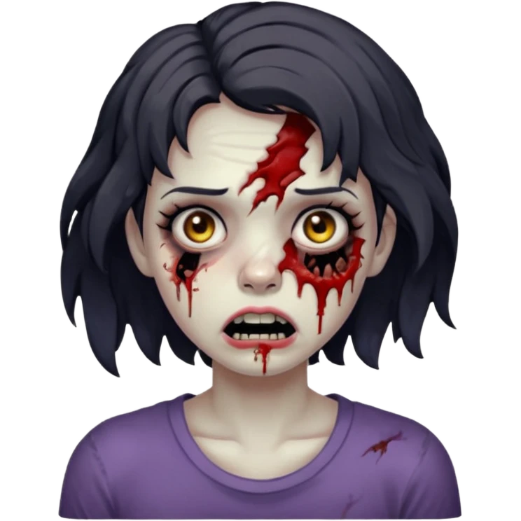 Zombie girl with bruises, she has a dark short wavy hair, she has a tired expression and BLACK eyes, she has dark circles too, her mouth is ripped emoji