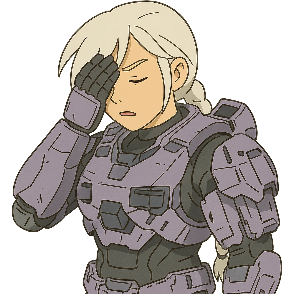 female, wearing reach spartan armor shoulder-unequip, long white braid hair with massive messy front side single bangs, gold yellow eyes, attention pose, D-cup size, HALO:series, no helmet, the armor is lavender color scheme, facepalm, smh, eyes closed emoji