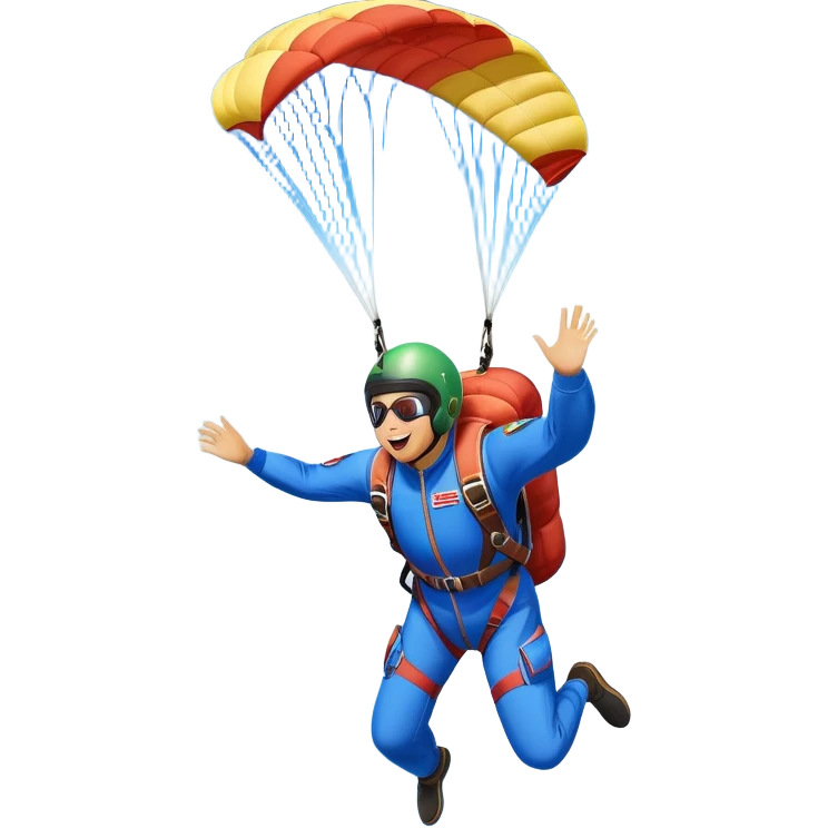 A skydiver free-falling through the sky, with a brightly colored parachute open above them. The background features a vast blue sky dotted with fluffy clouds, birds soaring nearby, and a plane flying off in the distance, emphasizing the thrill and freedom of the sport. emoji