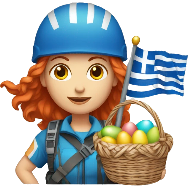 Female mountain climber red hair with Greek flag and holding Easter eggs basket emoji