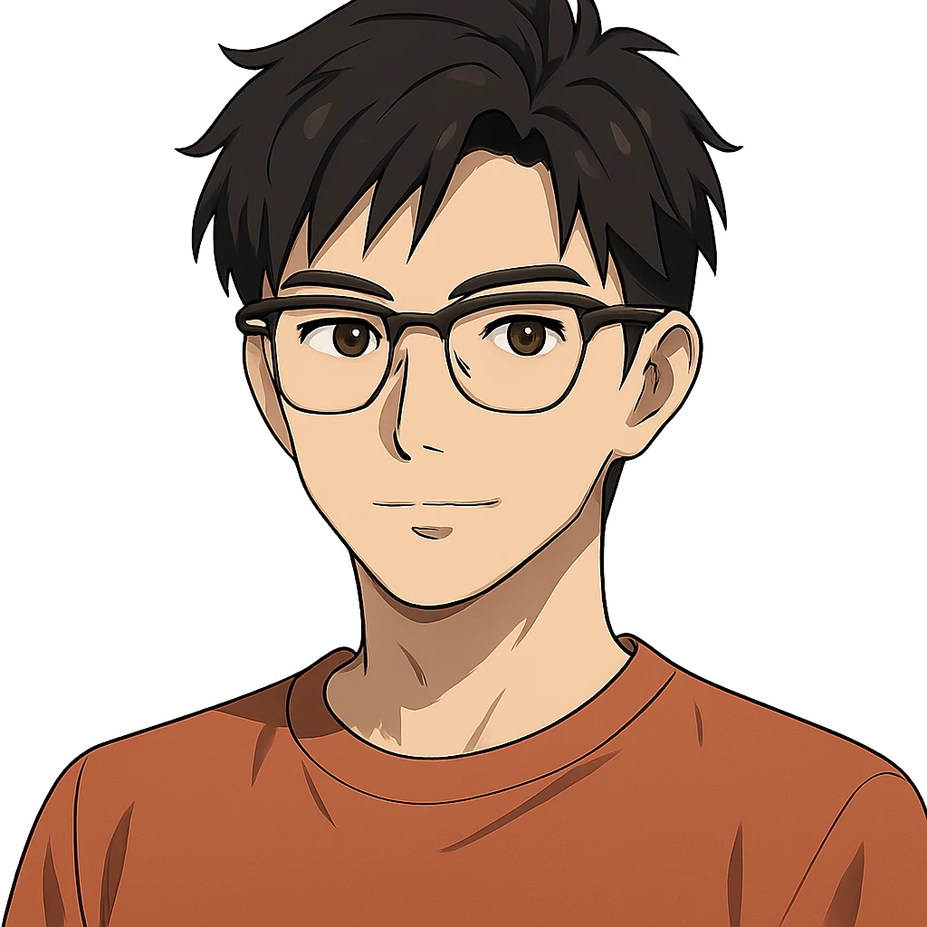 anime style young Asian male, 25, Ray-Ban half frame glasses emoji