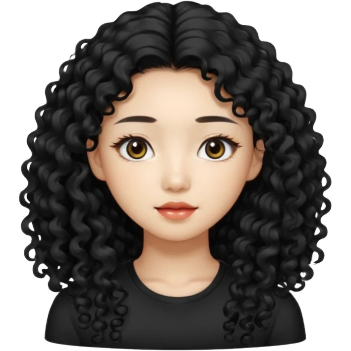Korean woman with black cute long curly hair  with a black top with long lashes emoji