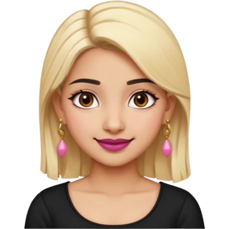 Sweet Indian girl blonde hair darkbrow eyes brown lipstick, pink blush, black top gold earrings, brown eyebrows  emoji