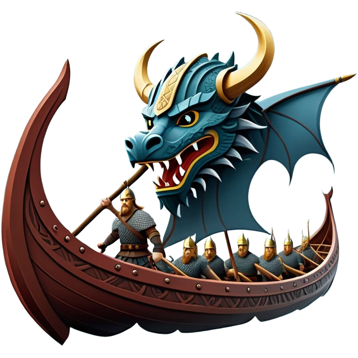 clash-of-clans-aesthetic_-cinematic-viking-longboat, rendered in a flat, bold vector style with minimal shading, featuring a striking dragon-headed prow slicing through icy, churning waters. shields on the side and vikings rowing The longboat’s intricately detailed shields and carved motifs evoke a sense of epic adventure and Nordic might, with billowing sails catching a dramatic, stormy sky backdrop. emoji