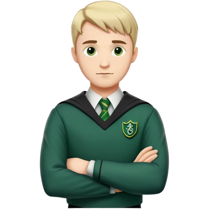 An adult man slightly to the side looking forward with crossed arms wearing the Slytherin uniform emoji