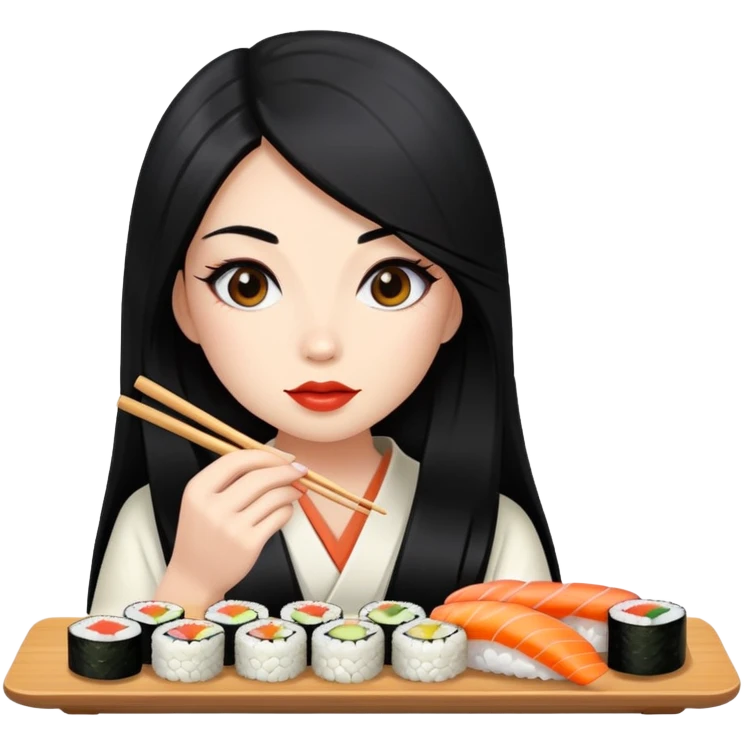 Realistic anatomically correct female body, long black hair, sushi emoji