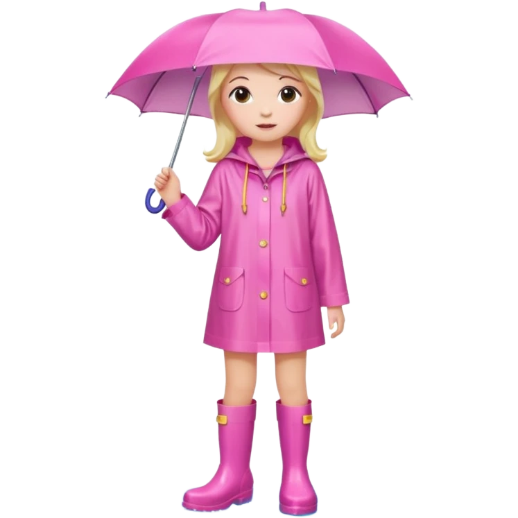 Girl in Pink wide dress raincoat pink rainboots in rain emoji