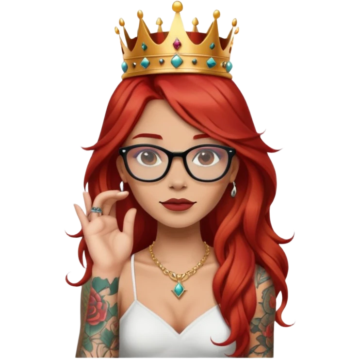 Beautiful girl, long red hair, tattoos, glasses and a crown cartoon emoji