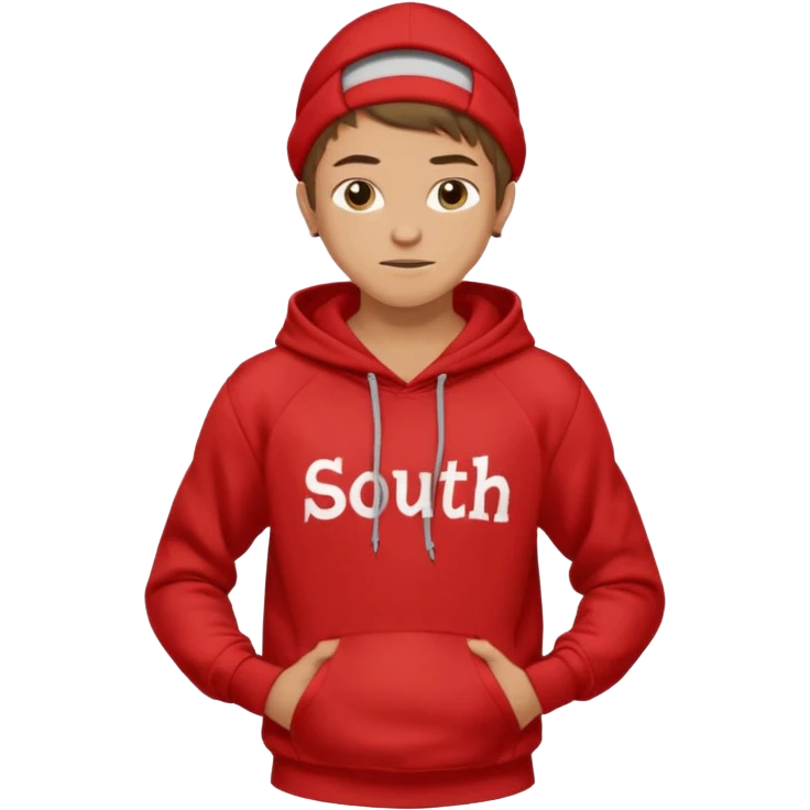 make me an emoji of an americain 19 yearold boy in a red hoodie that says "south" on it and give him with tan skin with his hands in his hands in his pocket wth a small smile flexing his muscles emoji