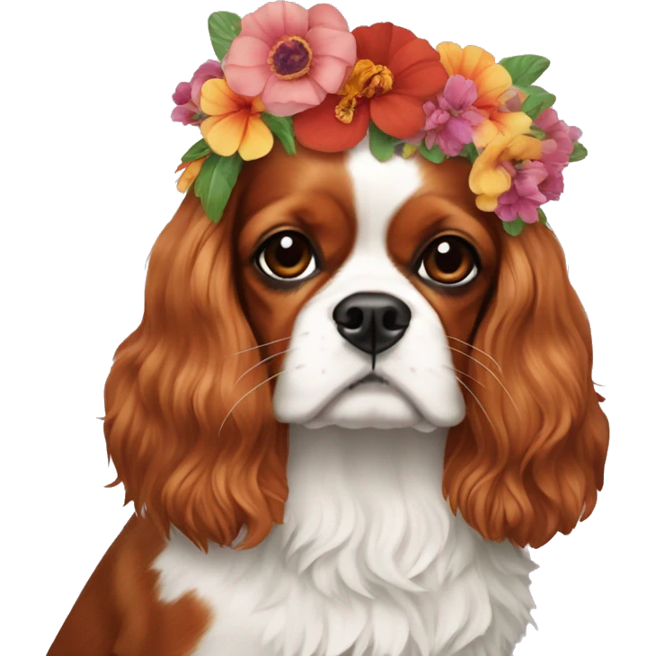 Give a flower crown to a cavalier king charles like frida kahlo emoji