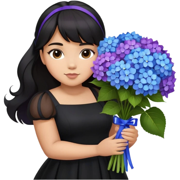 Latina girl with bangs black long hair in pony tail plus size black dress holding a blue and purple bouquet of hydrangeas emoji