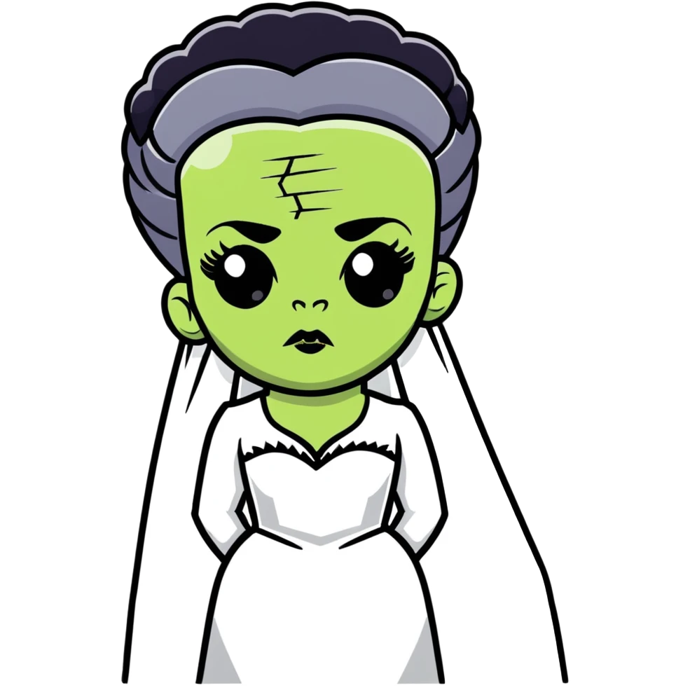 Bride of Frankenstein with tall black and white hair and stitches on face emoji