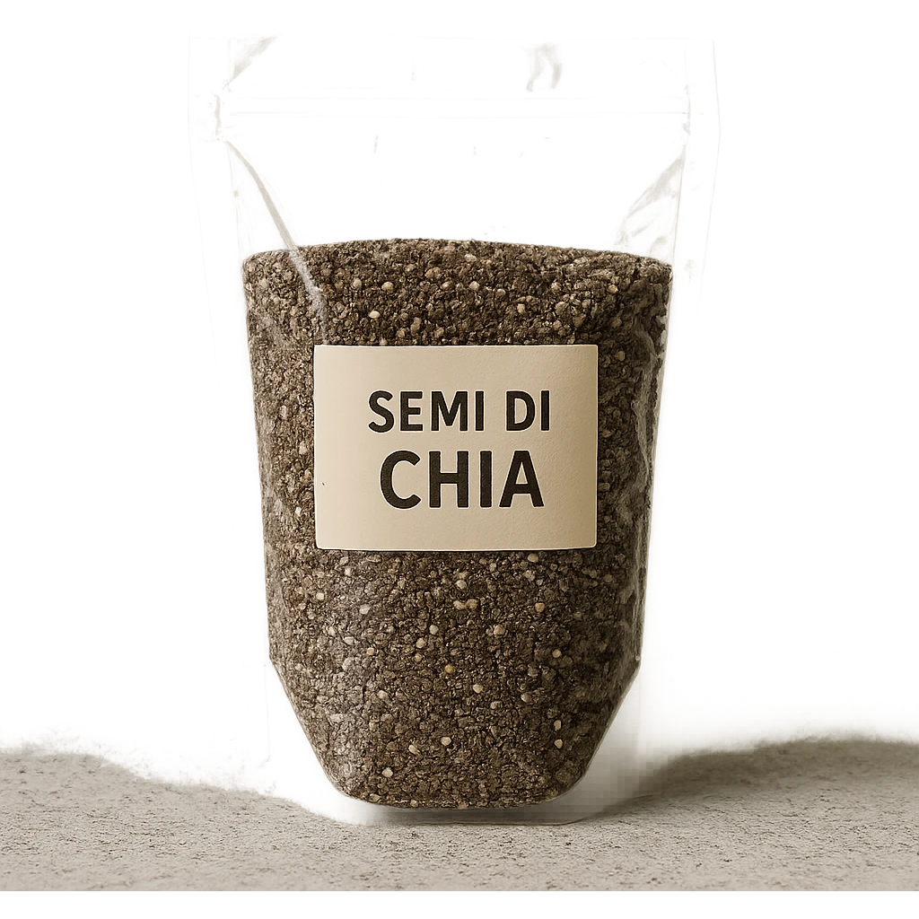 photo realistic transparent bag with visible label with the text 'semi di chia' in Italian emoji