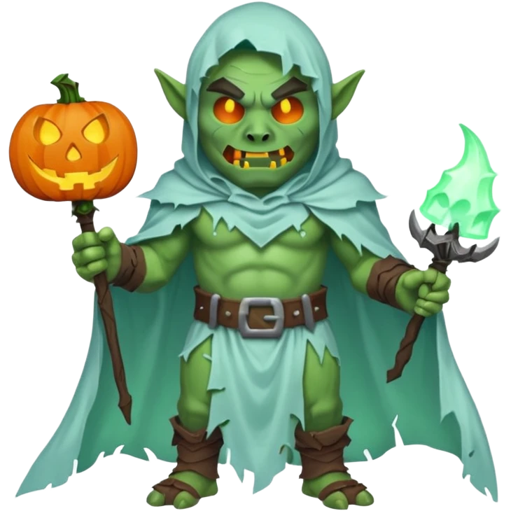 male orc warrior ghost emoji, green skin, tusks, wearing torn white ghost sheet costume, holding glowing jack-o'-lantern, faint blue aura, friendly but spooky expression, Halloween fantasy theme, Apple emoji style, clean white background, square emoji