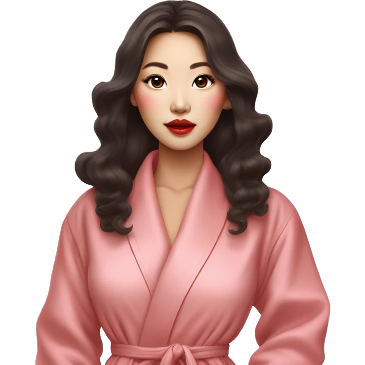 a beautiful korean woman with big lips, long eyelashes and long curled hair paints her lips with terracotta lipstick, she is dressed in a pink luxury housecoat emoji