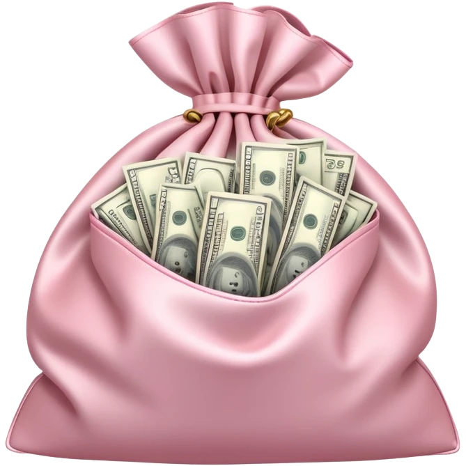 Soft pink satin money bag open overflowing cash, subtle luxury, no logos emoji