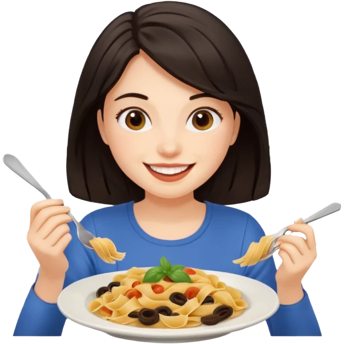 chica joven piel clara y pelo oscuro comiendo un plato de pasta emoji