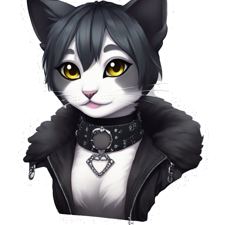 Gorgeous sparkly legendary gradient gothic dark techwear anime style anthro cat with blushing face aesthetic and pretty edgy black with collar and harness trending style emoji