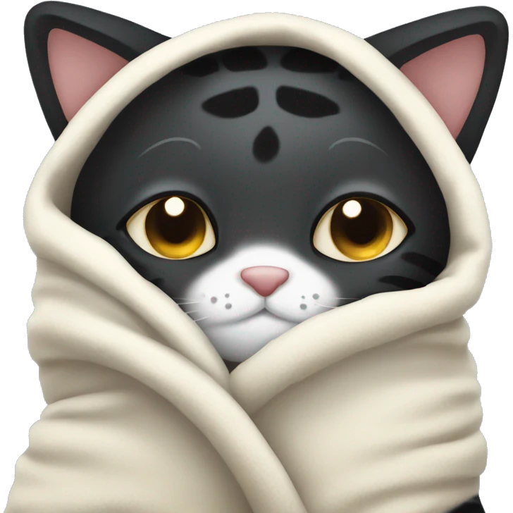 Black tiger cat with white mouth, white neck, with a cozy blanket emoji
