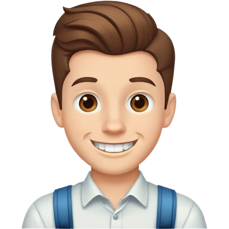 Menino branco com cabelos castanhos  com topete sorrindo com aparelho emoji