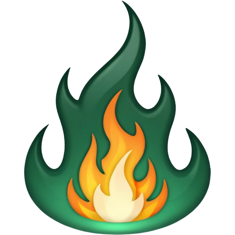dark green and white flame, rounded flame shape, emoji style, transparent background emoji