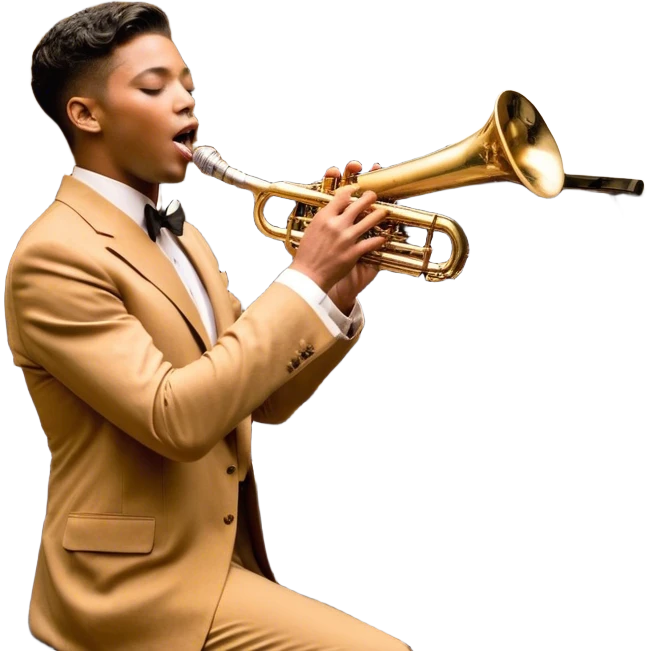 Create an elegant and vintage-inspired emoji representing jazz vocal performance. In the foreground, feature a classic, antique jazz microphone on a stand. Behind it, place a grand piano, with the lid slightly open, and have a Selmer Model 19 Balanced Action trumpet resting on top of the piano. The trumpet should have visible details like its shiny brass finish and the unique design of the valves. Add musical notes flowing around the scene to capture the improvisational essence of jazz. Use rich, deep colors like black, gold, and dark wood tones to evoke the timeless, sophisticated atmosphere of jazz. The background should be transparent. emoji