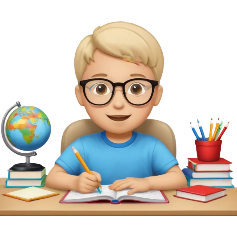 un niño de entre 3 - 10 años estudiando ingles, un destello de luz o colores más vivos para el niño que estudia en su habitacion feliz  emoji