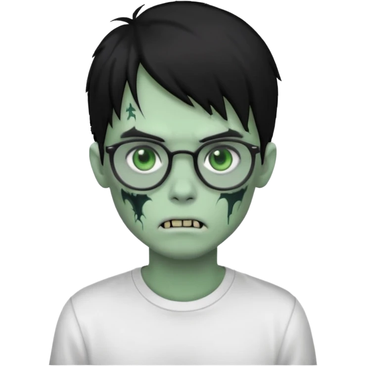 zombie boy with long black emo hair, thick glasses, white shirt, cartoonish green face emoji