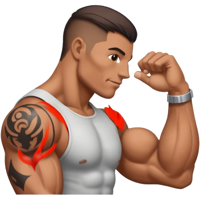 A hand makes a muscle that has a tattoo on it emoji