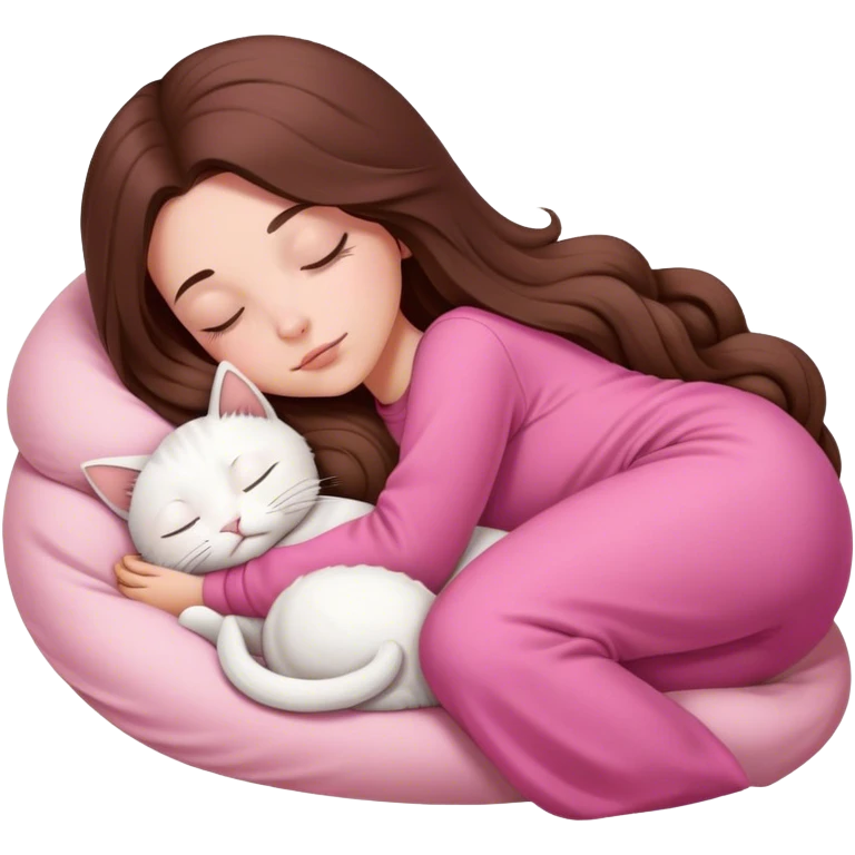 A pretty white girl with very long brown hair and pink clothing sleeping curled up to a white cat  emoji