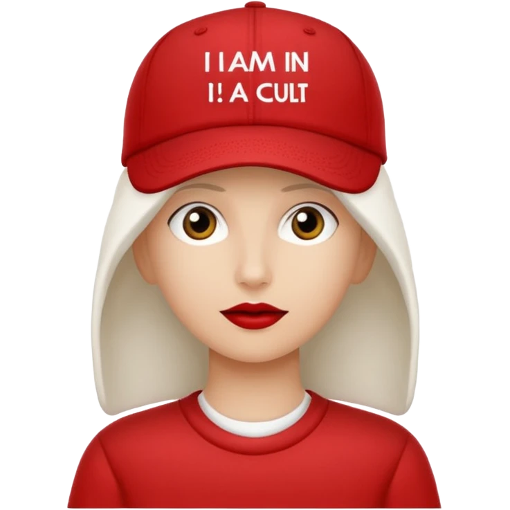 Red cap with no person in it that says "I AM IN A CULT" in white text emoji