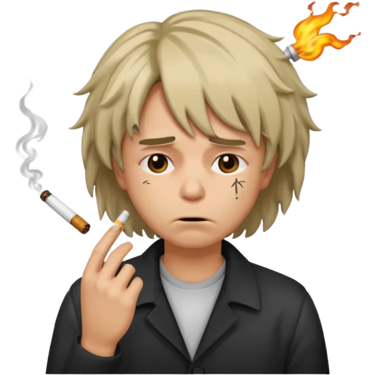 stressed emoji looking down shaking head wearing a disheveled wig with a cigarette in hand emoji