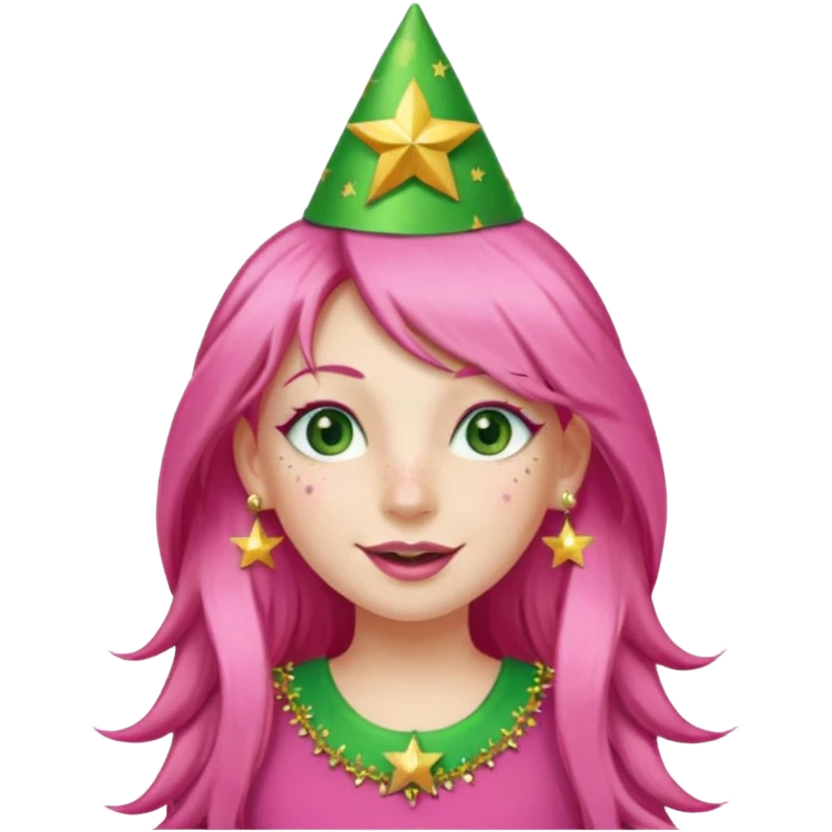 A girl with long pink hair and green eyes with long eyelashes and a happy face. She has freckles and a lit of bit of pink lipstick on her mouth, she’s also got a full gold birthday party hat on her head with gold pom poms on top of it, and her T-shirt is all red, she wore gold star earrings  emoji