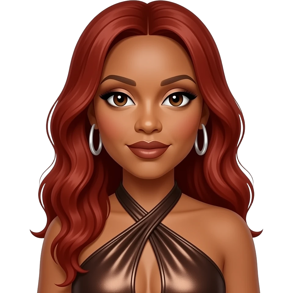 Mary J. Blige with dark brown eyes, long red hair, ivory eyeshadow, dark brown lipstick, dark brown metallic halter dress, silver earrings emoji