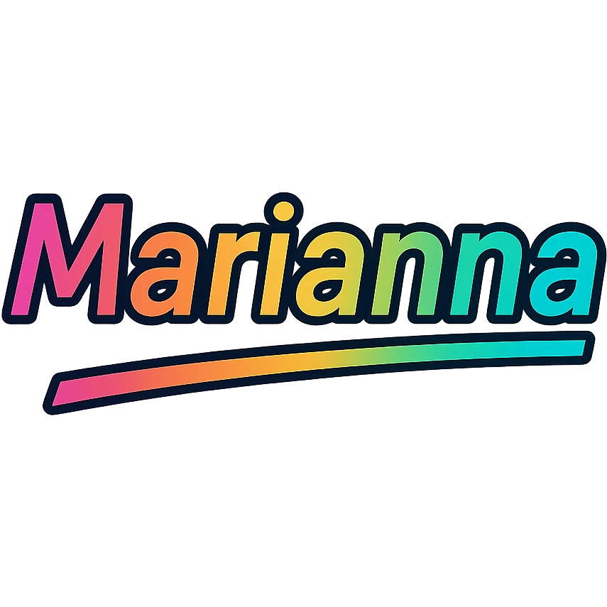 Marianna name in modern colorful gradient font with dark outline, dynamic slanted or partial underline, transparent background, in the style of reference patterns emoji